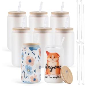 imageHTVRONT 8 PCS Frosted Glass Cups  16oz Sublimation Blanks with Bamboo Lid  Perfect for Painting HTV Vinyl CraftsFrosted