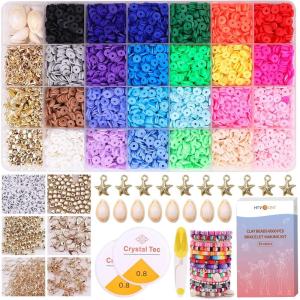 imageHTVRONT Clay Bead Bracelet Kit  6600 Clay Beads Kit 24 Colors Flat Clay Beads Bracelet Making Kit Polymer Clay Bead Bracelet Kit with Charms Clay Bead Set Jewelry Making Supplies