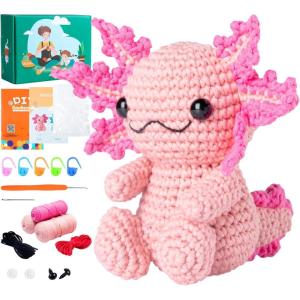 imageHTVRONT Crochet Kit for Beginners  Starter Crochet Kits with Video Tutorials Beginner Crochet Kit for Adults Kids Gift  Learn to Crochet Stuffed Animals Knitting Kit Penguin Family30 YarnAxolotl