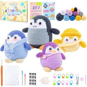 imageHTVRONT Crochet Kit for Beginners  Starter Crochet Kits with Video Tutorials Beginner Crochet Kit for Adults Kids Gift  Learn to Crochet Stuffed Animals Knitting Kit Penguin Family30 YarnPenguin