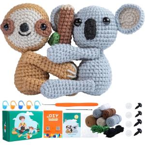 imageHTVRONT Crochet Kit for Beginners  Starter Crochet Kits with Video Tutorials Beginner Crochet Kit for Adults Kids Gift  Learn to Crochet Stuffed Animals Knitting Kit Penguin Family30 YarnSloth  Koala