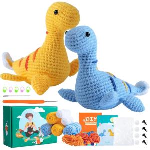 imageHTVRONT Crochet Kit for Beginners  Starter Crochet Kits with Video Tutorials Beginner Crochet Kit for Adults Kids Gift  Learn to Crochet Stuffed Animals Knitting Kit Penguin Family30 YarnPlesiosaur