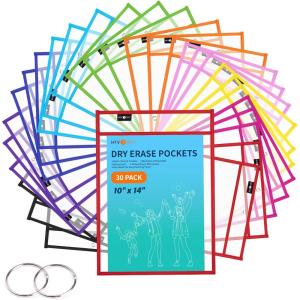 imageHTVRONT Dry Erase Pockets Sleeves 30 Pack 10x14 Reusable Pocket Protector Sleeves with Rings Clear Plastic Sleeves Sheet Protectors for Teachers Classrooms Schools Supplies Shop Ticket Holders