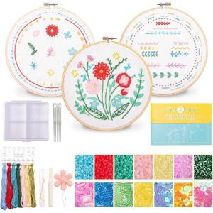 imageHTVRONT Embroidery Kit for Beginners 3 Pcs 14 Stitches and 9 Flower Practice Samplers PrePrinted Patterns Step by Step Video Beginner Embroidery Kit for Adults for Gift for WomenBeaded Patterns