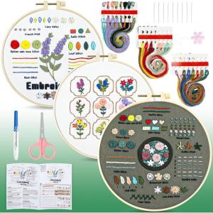 imageHTVRONT Embroidery Kit for Beginners 3 Pcs 14 Stitches and 9 Flower Practice Samplers PrePrinted Patterns Step by Step Video Beginner Embroidery Kit for Adults for Gift for WomenSimple Patterns