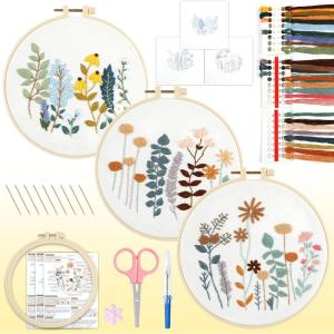 imageHTVRONT Embroidery Kit for Beginners 3 Pcs 14 Stitches and 9 Flower Practice Samplers PrePrinted Patterns Step by Step Video Beginner Embroidery Kit for Adults for Gift for WomenFlower Patterns