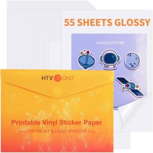 imageHTVRONT Printable Vinyl Sticker Paper  55 Sheets Glossy Waterproof Sticker Paper for Inkjet Printer ampamp Laser Printer Dries Quickly ampamp Tear Resistant 85quotx11quotGLOSSY WHITE
