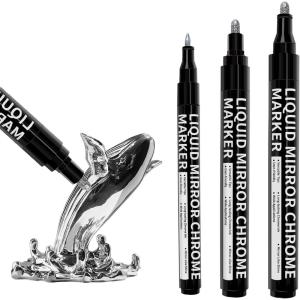 imageHTVRONT Silver Liquid Mirror Chrome Marker 3PCS  Paint Pen Permanent Metallic 3 Nibs Silver Chrome Paint Pen for Models Paintings Toys or Car Accessories