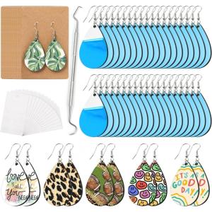 imageHTVRONT Sublimation Earring Blanks Bulk  30 Pcs Wood Earrings Blanks with Blue Protective Film  Unfinished MDF Teardrop Earrings for Sublimation Printing with Template Weeder Hooks Jump Rings50 pcs