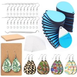imageHTVRONT Sublimation Earring Blanks Bulk  30 Pcs Wood Earrings Blanks with Blue Protective Film  Unfinished MDF Teardrop Earrings for Sublimation Printing with Template Weeder Hooks Jump Rings30 pcs