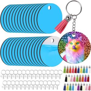 imageHTVRONT Sublimation Keychain Blanks Bulk  120Pcs Sublimation Blanks Keychain with Blue Protective Film  MDF Round Keychain with Tassels  Heat Transfer Keychain Blanks Double SidedRound