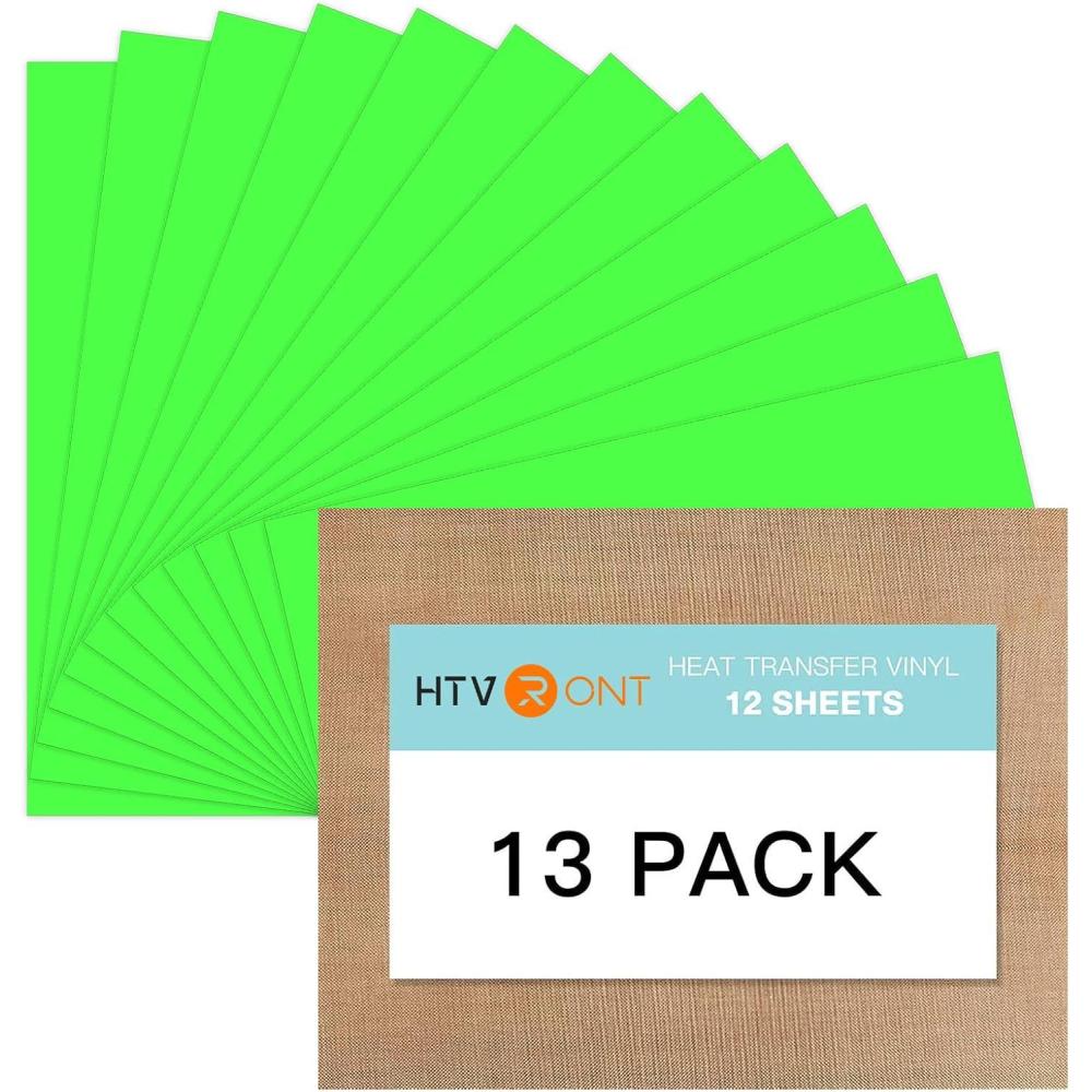 imageHTVRONT HTV Heat Transfer Vinyl 13 Pack HTV Vinyl Sheets 12quot x 10quot Iron on Vinyl for T Shirts 10 Assorted Premium Colors Heat Transfer Vinyl for All Cutting MachinesNeon Green