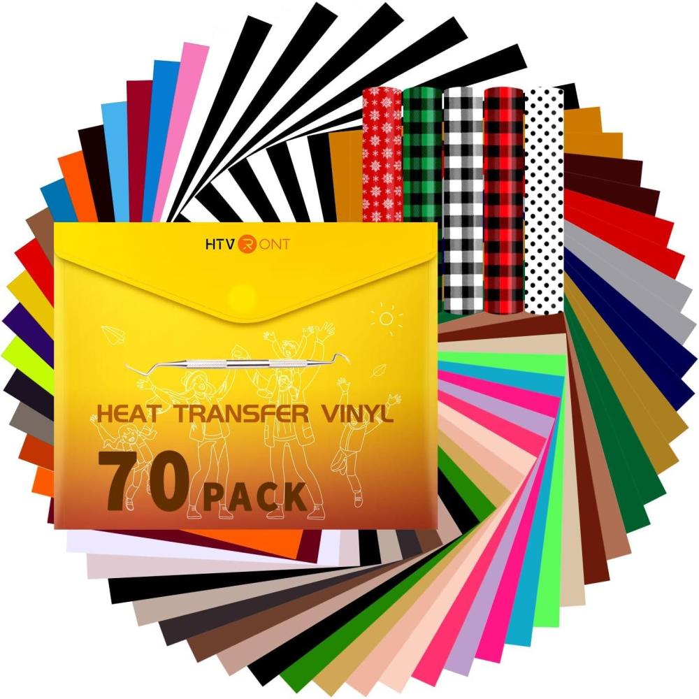 imageHTVRONT HTV Vinyl Heat Transfer Vinyl Bundle70 Pack Iron on Vinyl for t Shirts 51 Assorted Colors HTV Sheets with Weeding Hooks and Teflon Sheet
