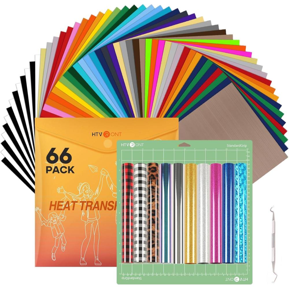 imageHTVRONT Heat Transfer Vinyl Bundle  66 Pack 12x10in Iron on Vinyl for t Shirts 40 Assorted Colors HTV Vinyl with Teflon Sheet Standard Sticky Cutting Mat Weeding Hook