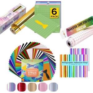 imageHTVRONT 57 Pack Permanent Vinyl 12quot x 10FT Gold Vinyl12 Sheets Holographic Bundle12quot x 16 FT Red Transfer Paper6 Pcs Cutting Mat