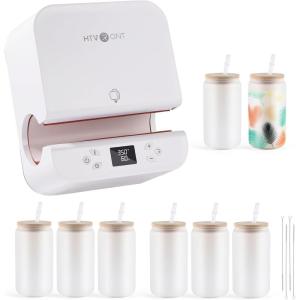 imageHTVRONT Auto Tumbler Heat Press Machine with 8 Pack Frosted Sublimation Glass Blank with Bamboo Lid
