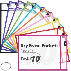 imageHTVRONT Dry Erase Pockets  10 Packs Dry Erase Sleeves 10x14 Colorful Clear Pocket Sleeves  Reusable Plastic Sheet Protectors Teacher School Classroom Organization Shop Job Ticket Holders