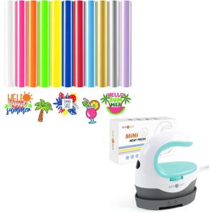 imageHTVRONT Heat Press Mini Heat Press Machine ampamp HTVRONT Neon HTV Heat Transfer Vinyl  12 Pack with 11 Assorted Colors Iron on Vinyl and 1 Teflon Sheet Neon HTV Sheets