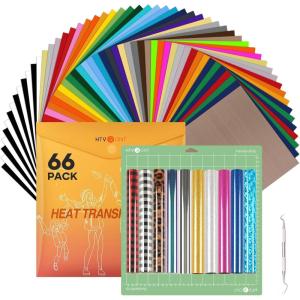 imageHTVRONT Heat Transfer Vinyl Bundle  66 Pack 12x10in Iron on Vinyl for t Shirts 40 Assorted Colors HTV Vinyl with Teflon Sheet Standard Sticky Cutting Mat Weeding Hook