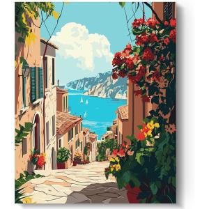 imageHTVRONT Paint by Number Kits for Adults Beach Sunset Couple Easy Paint by Numbers Kits for Beginner Adult Paint by Numbers on Canvas for Relax Gift Home Wall Decor 16x20inSeaside Town
