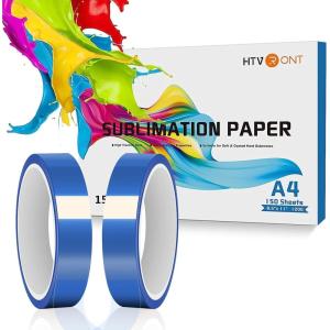 imageHTVRONT Sublimation Paper 85 x 11 inches 150 Sheets Sublimation Paper and Heat Resistant Tape 2 Rolls 20mm x 33m Sublimation Tape No Residue Heat Transfer Tape for Sublimation Blanks