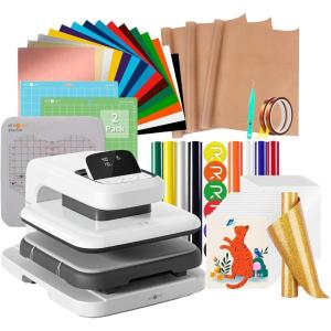 imagePremium Bundle HTVRONT Automatic Heat Press 2  HTVRONT Automatic Heat Press Accessories Kit  2 Pack Cutting Mats 12x12  8 Pcs 3D Puff Vinyl  10quot x 8ft Gold Glitter HTV Heat Transfer Vinyl